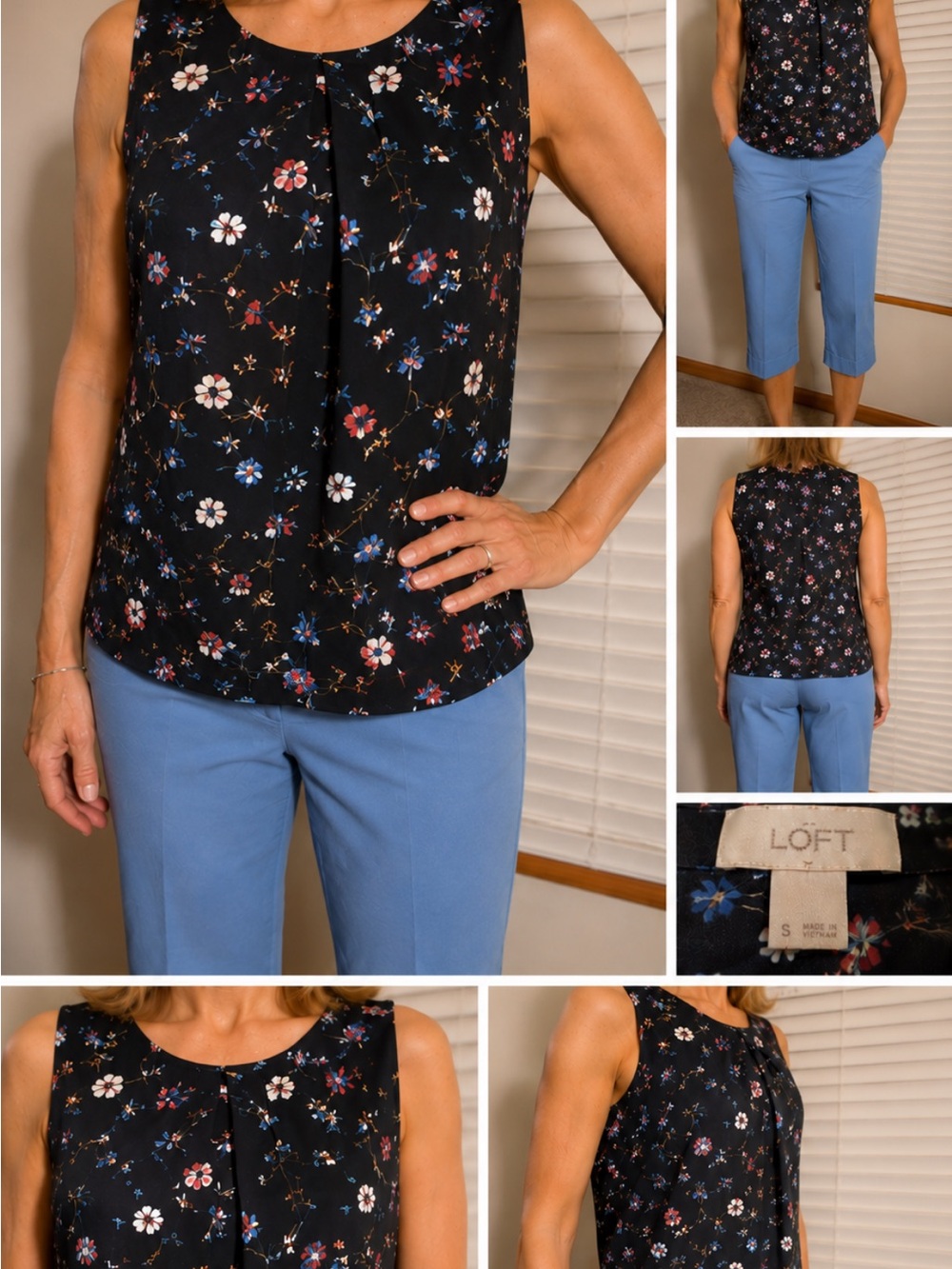 LOFT Black Floral Pleated Shell with Pink & Blue Blooms